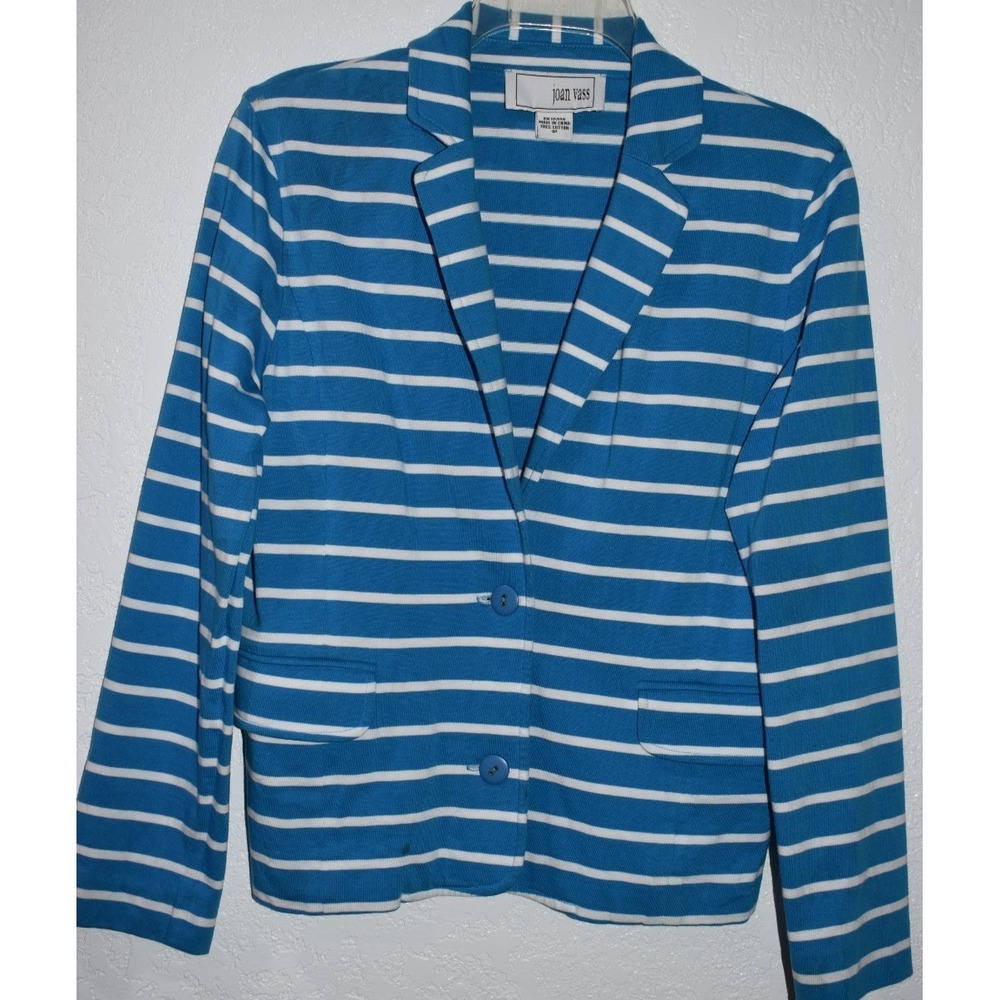 Joan Vass 0P Stripe Blue White 2 Button Front Knit Jacket Long sleeve Pockets